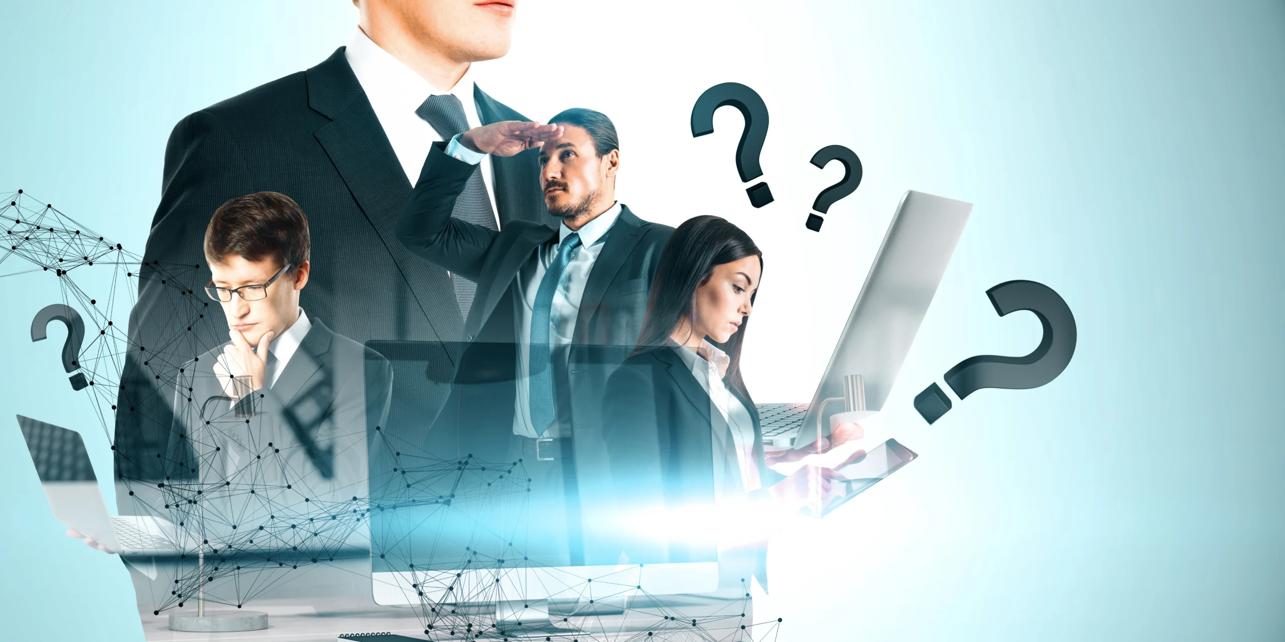attractive-young-european-businesspeople-with-polygonal-mesh-devices-question-marks-blue-background-idea-solution-teamwork-success-concept-double-exposure