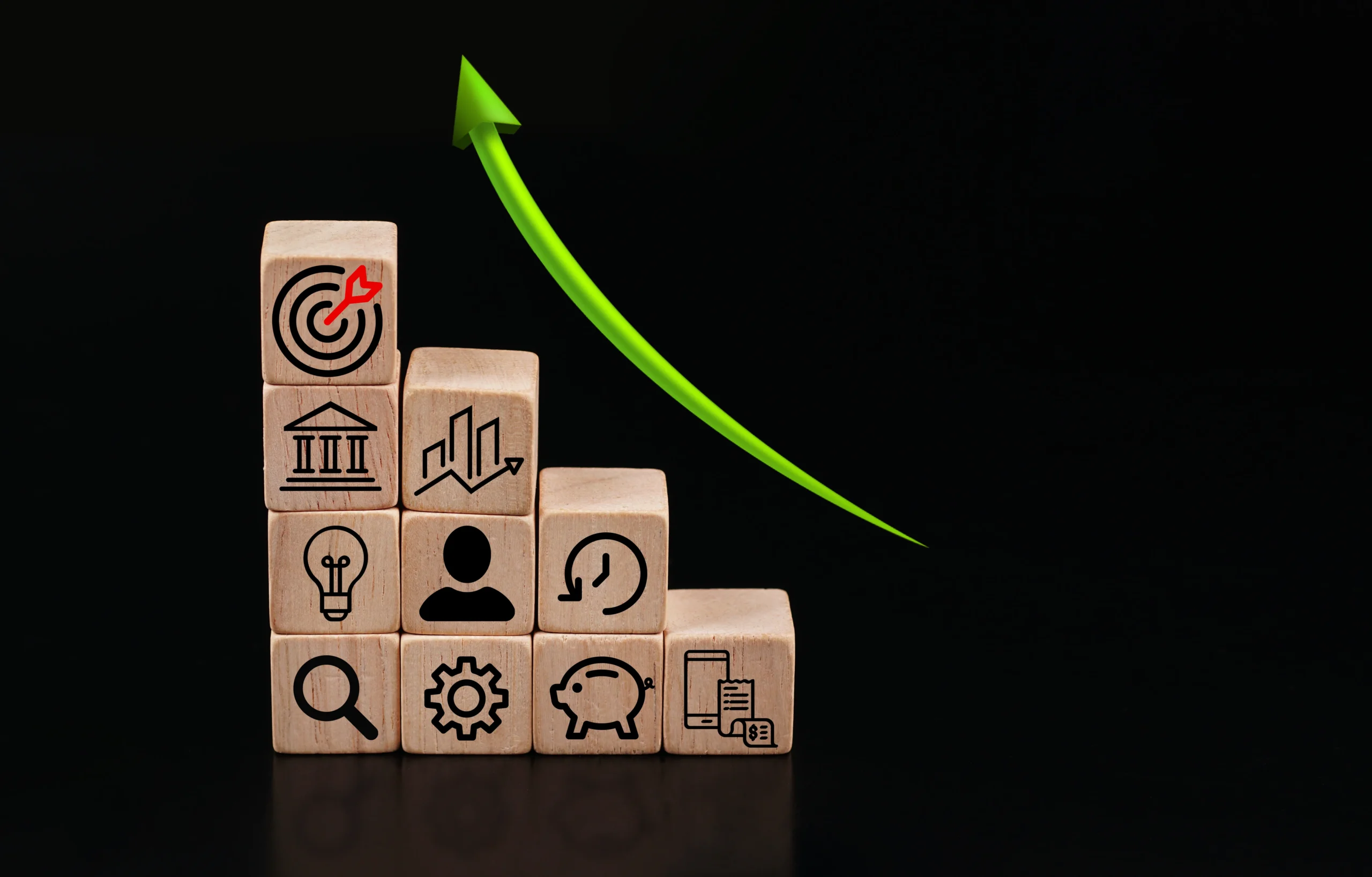stack-woods-block-step-table-with-icon-arrow-action-plan-black-background