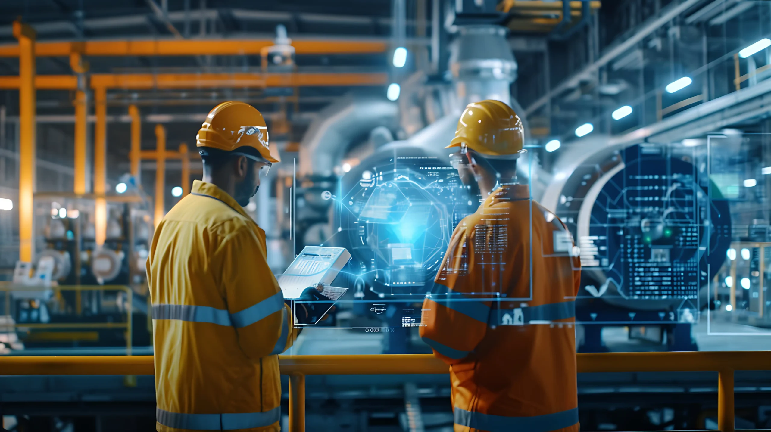 two-industrial-workers-front-large-digital-display two-industrial-workers-front-large-digital-display