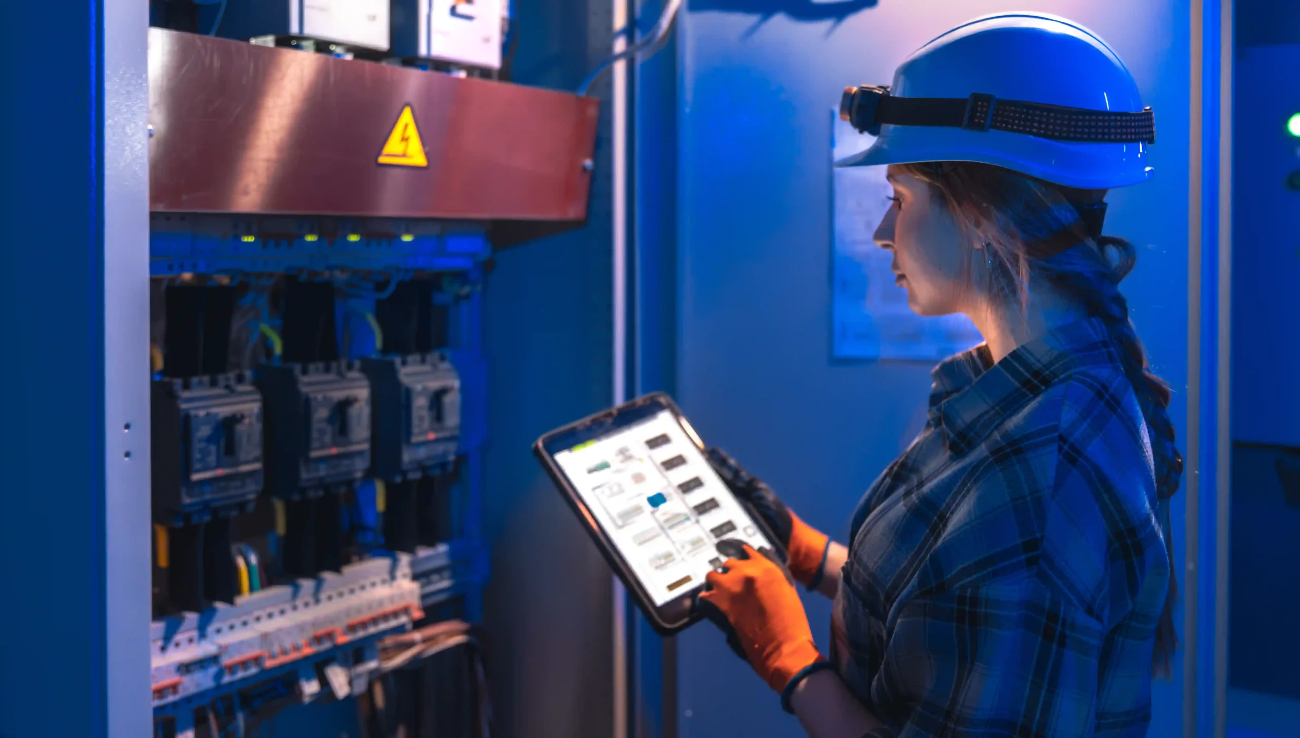 electronics manufacturing engineer inspecting an electrical panel with a digital schematic in electronics manufacturing